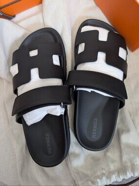 Hermes Chypre Black Calfskin Slide Sandals with Adjustable Strap Size 38
